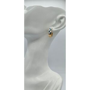 Oshena Checkered Huggie Hoop Earrings Women OS Gold Blue NEW Enamel Preppy